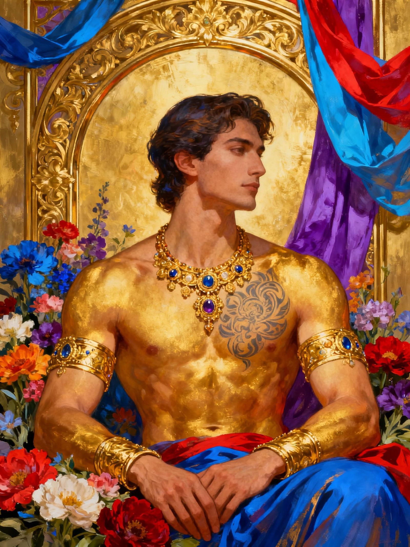 Serene Man with Golden Accessories in Digital Painting Style