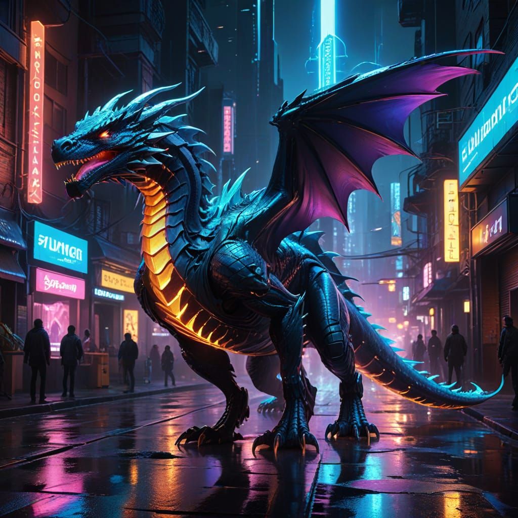 Bioluminescent Dragon Soaring Through Cyberpunk Metropolis