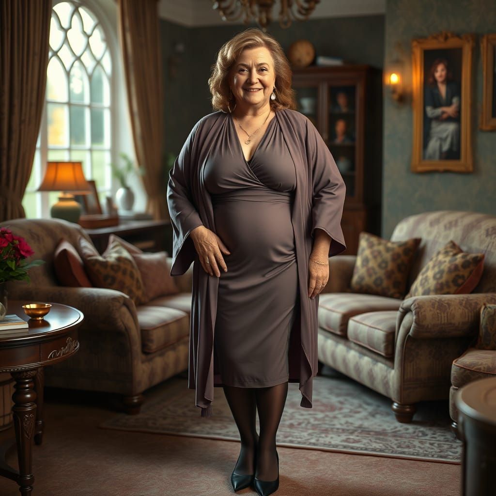 Mature Goddess Radiates Warmth in Cozy Living Room Portrait