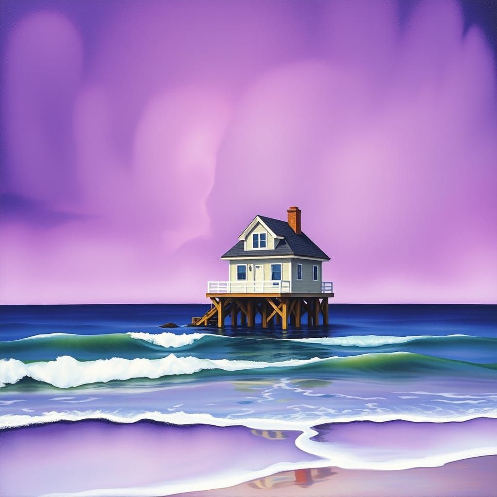 Dreamy Beach House Amidst Vibrant Purple Skies