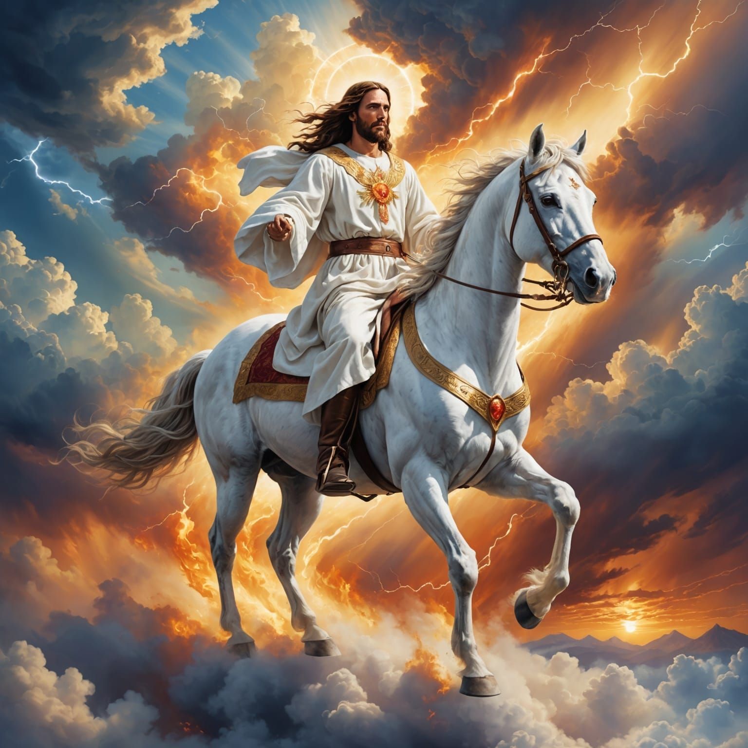 Figure on White Horse Descending from Heaven
