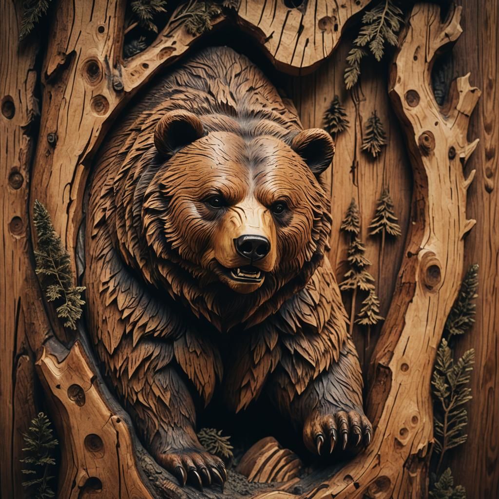 Cinematic Wood Carving of a Bear