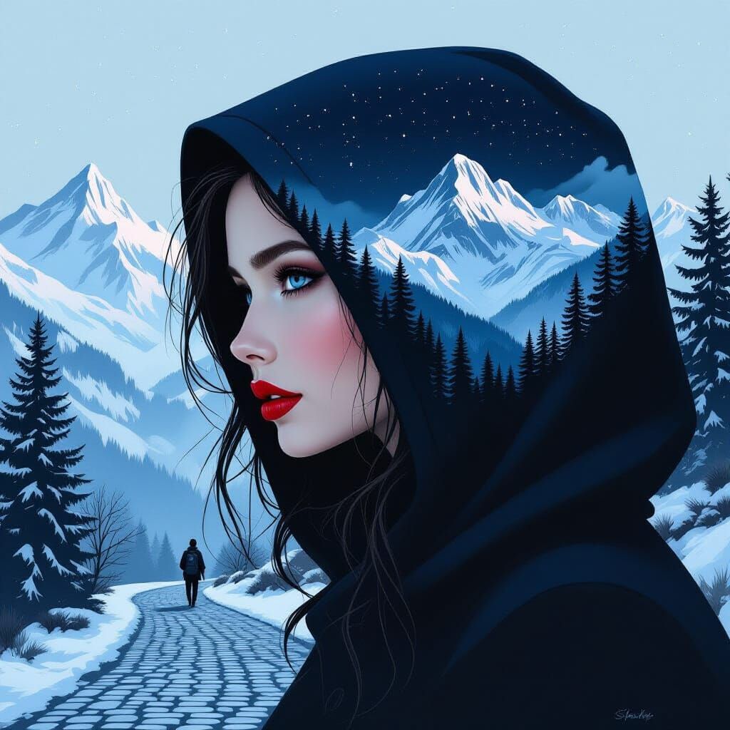 Hooded Woman Reveals Mountain Landscape, Hyperrealistic Digi...