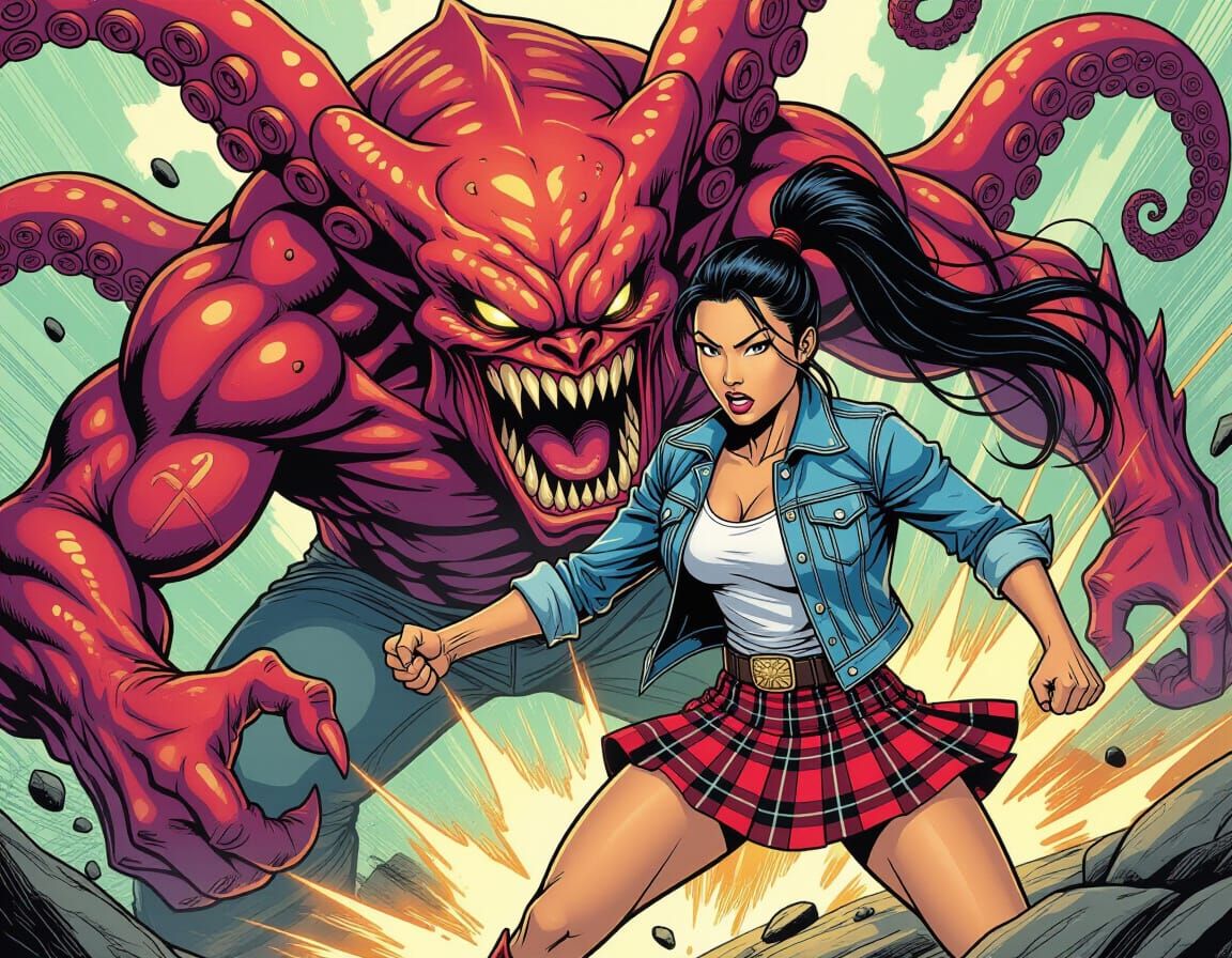 Asian Woman Battles Tentacular Monster in Comic Art Style