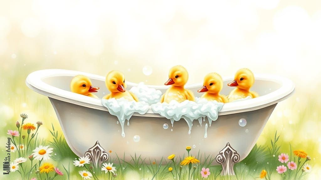 Whimsical Ducklings Play in Vintage Bathtub Scene