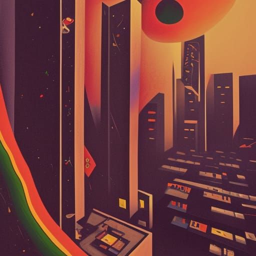 Retrofuturistic Skyscraper City as Woodcut Matte Painting