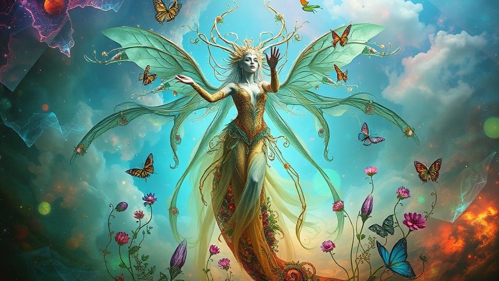 Blodeuwedd Emerging from Liquid Opal in Dreamlike Style