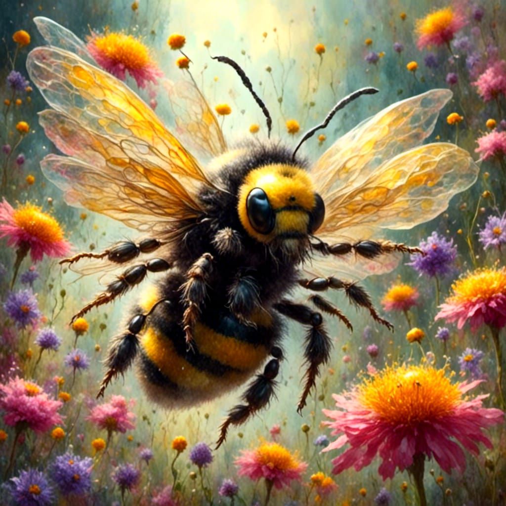 Bumblebee Nectar Collection in Impressionistic Style