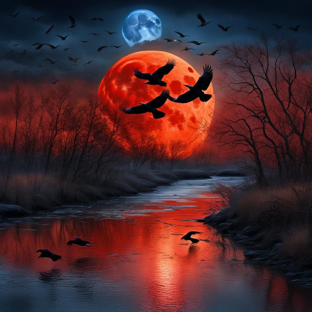 Burning River: Red Moon and Sapphire Sky