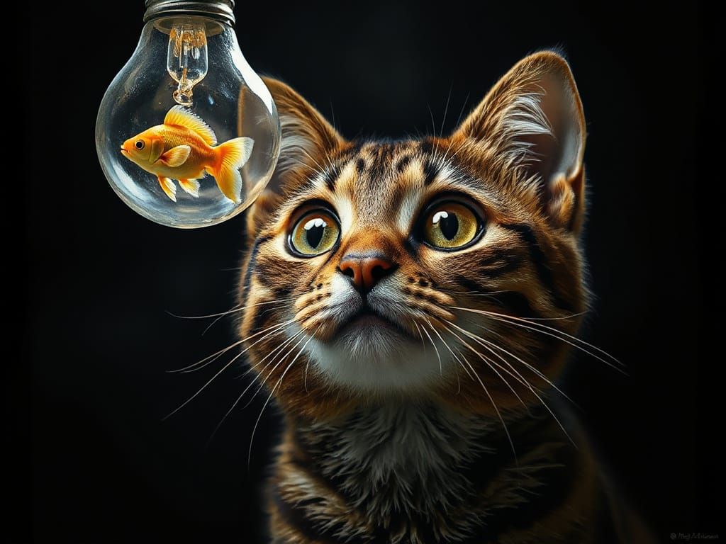 Surreal Digital Painting of Majestic Cat Contemplating a Glo...