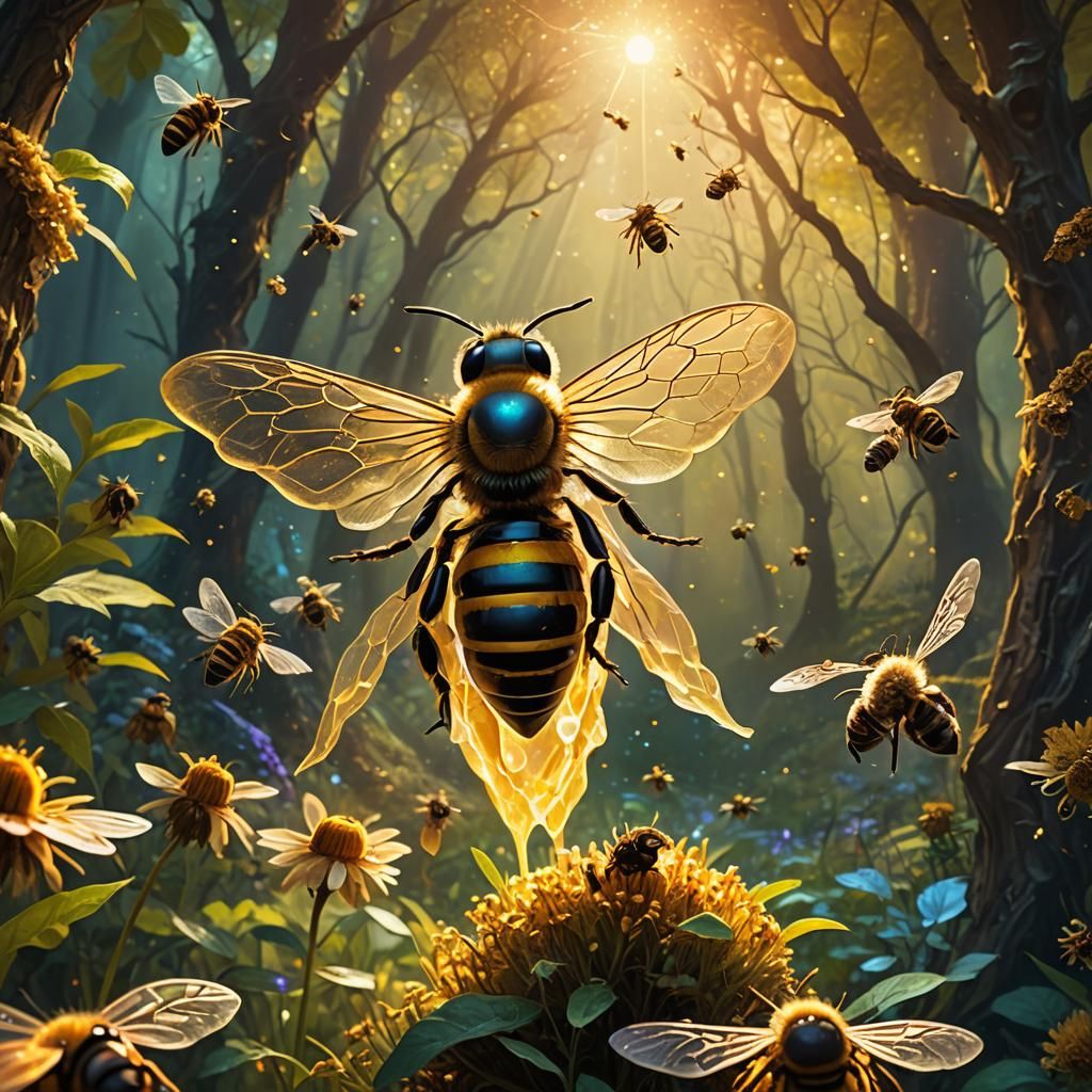 Bee Carrying Earth in Wings: Fantasy Art Nouveau