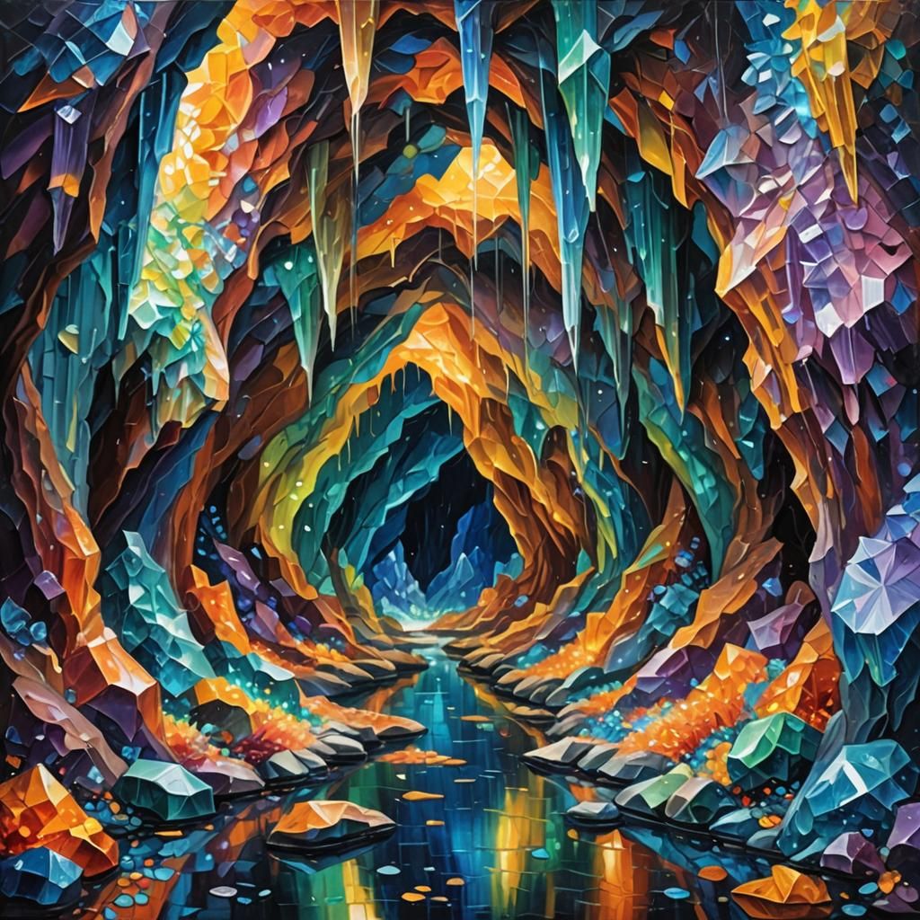 Glowing Crystal Cave in Expressionist Oil Painting