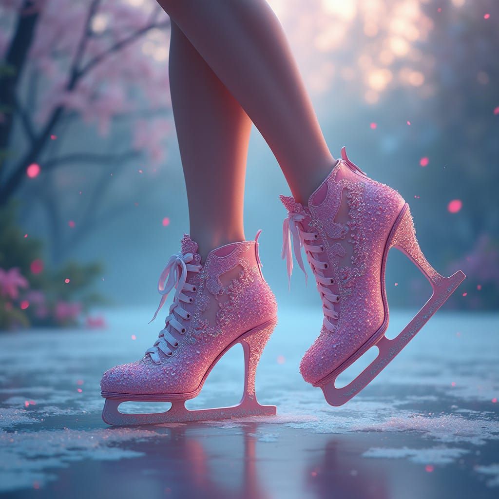 Woman's Feet in Enchanted Ice Skates on a Vibrant Frozen Lak...