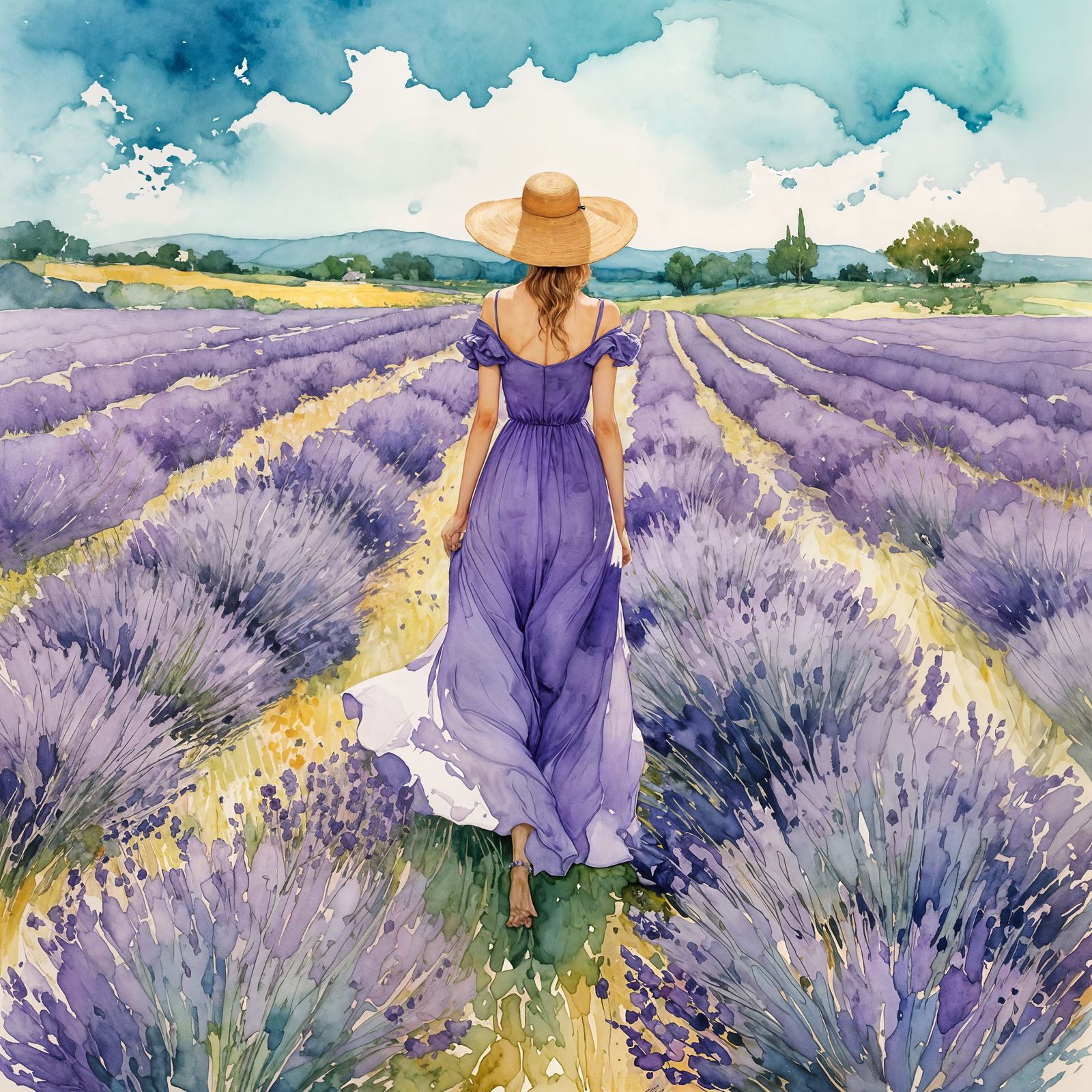 Woman in Violet Dress: Dreamy Watercolor Lavender Field