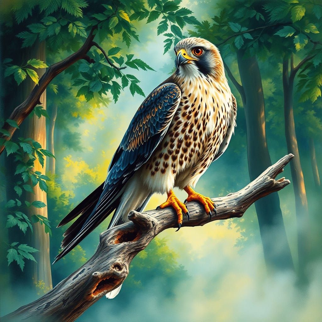 Majestic Falcon in Watercolor Forest Landscape