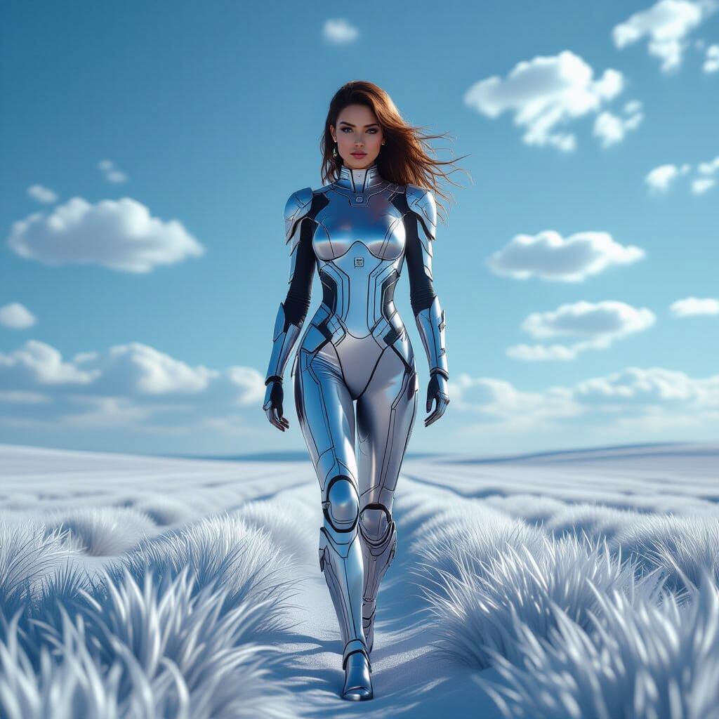 Woman in Metallic Suit Wandering Silver Field