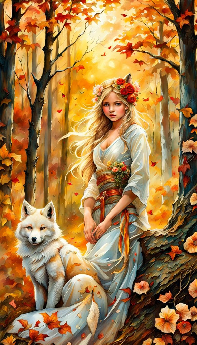 Kitsune Girl in Golden Forest, Detailed Digital Art