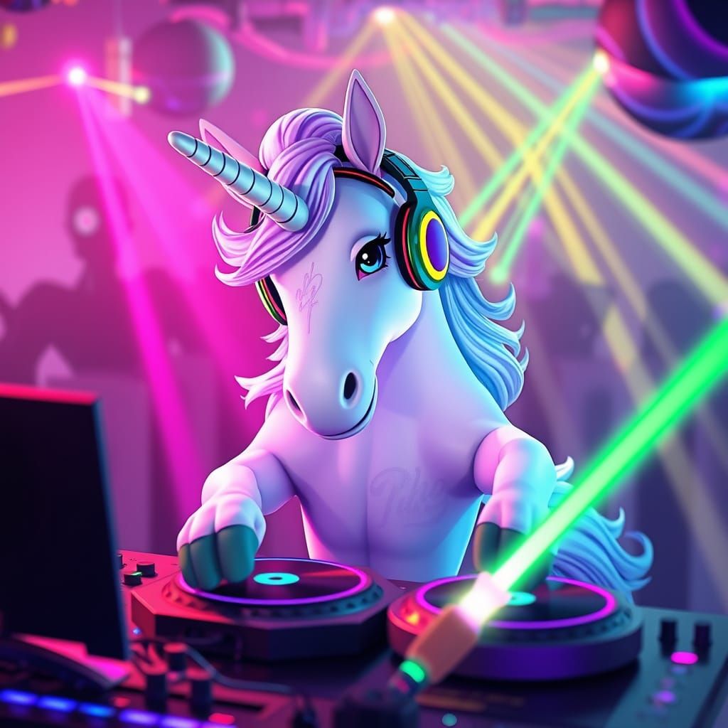 Unicorn DJ at Disco Party in 3D Anime Style