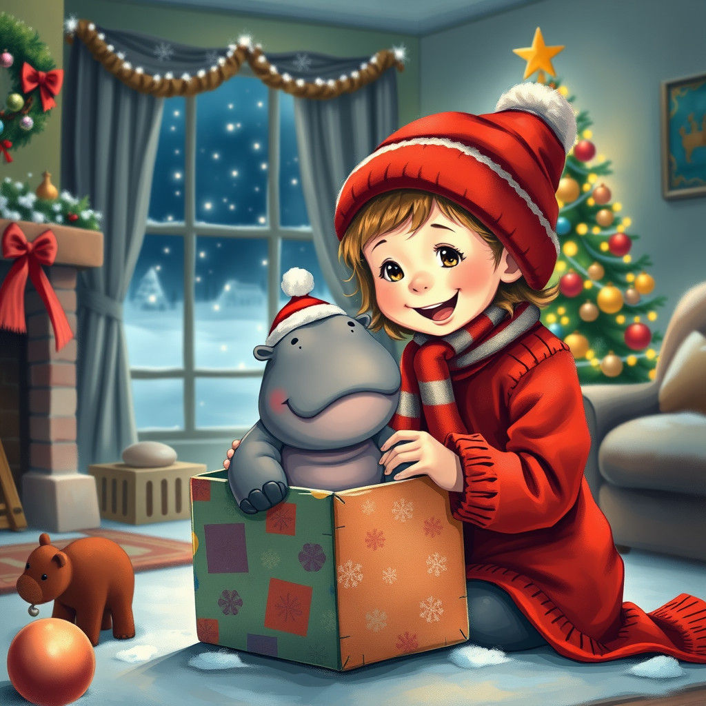 Girl's Joyful Christmas Hippo Gift in Storybook Style