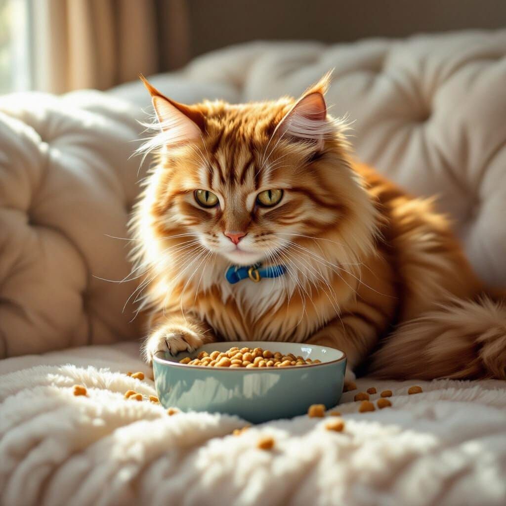 Cozy Digital Painting of Ginger Cat Eating on Sofa