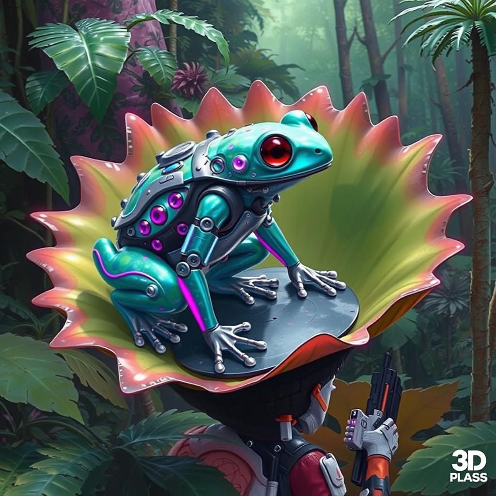 Alien Frog in Exosuit Amidst Sci-Fi Flora