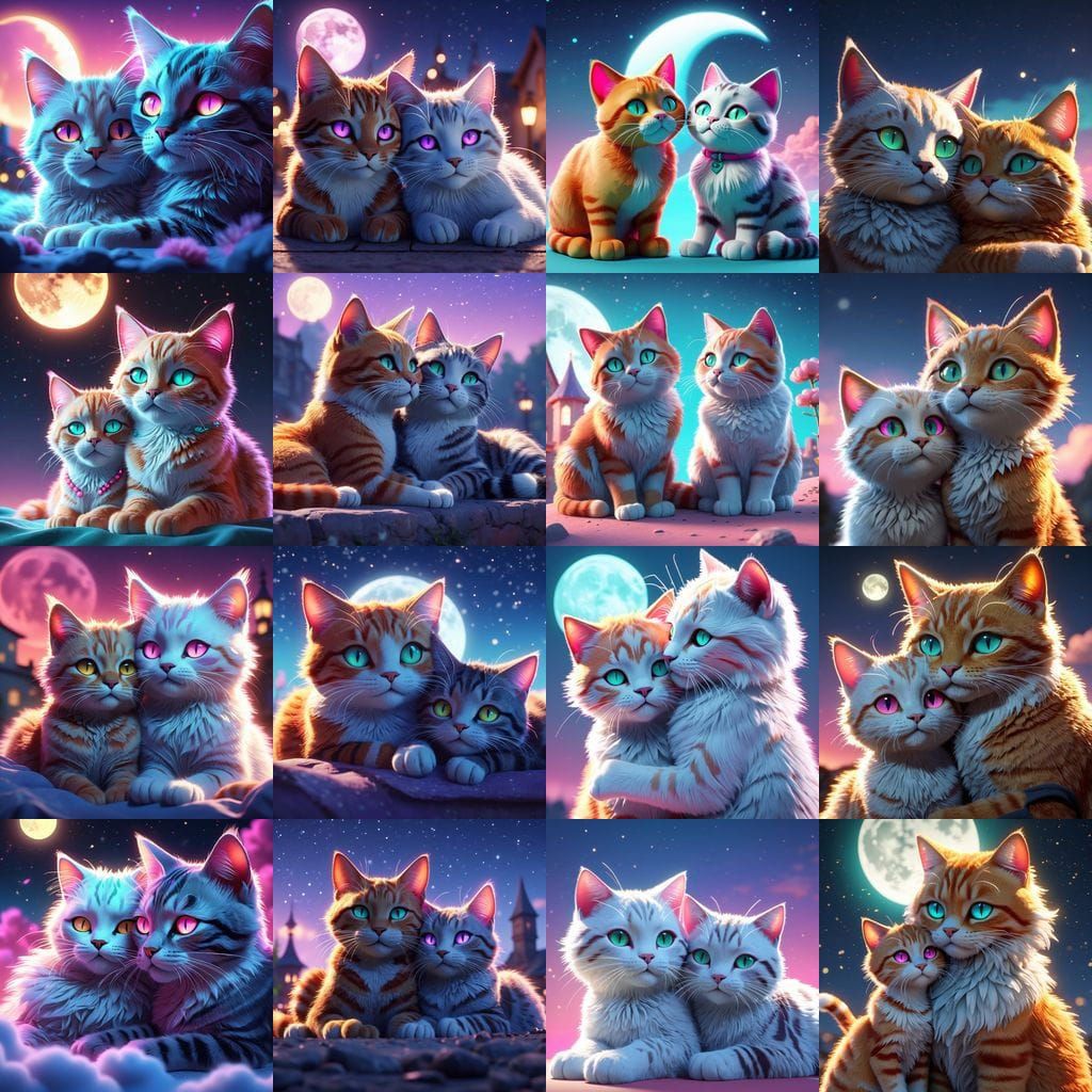 Two Disney-Style Cats Snuggle Under a Magical Full Moon