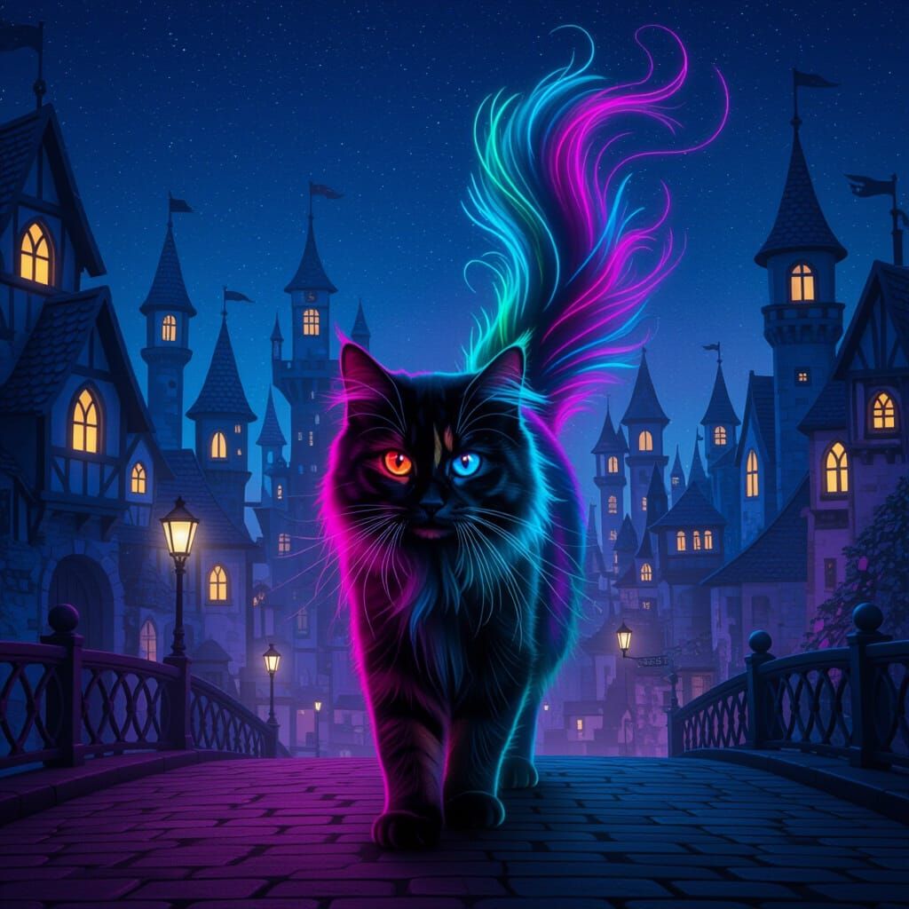 Neon Cat Stalks Fairytale City at Night