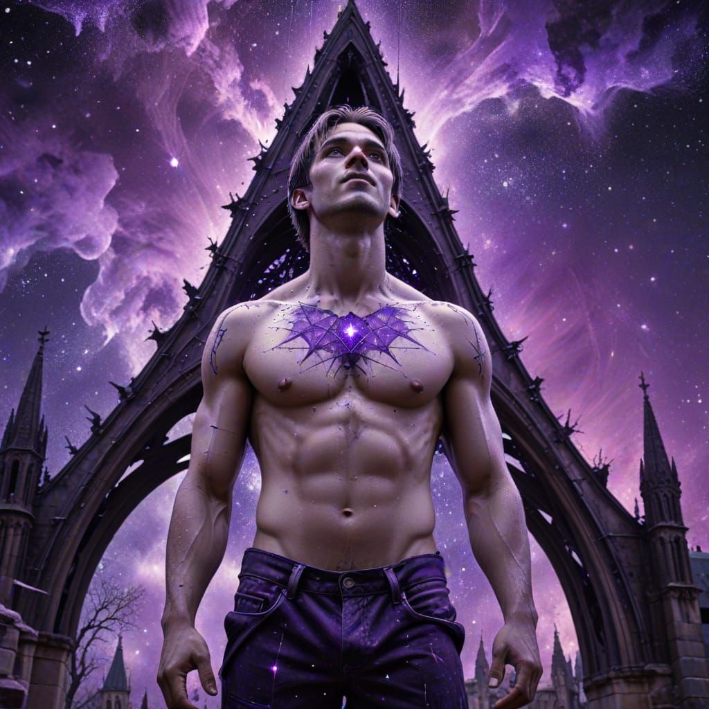 Cosmic Guardian Before Gothic Cathedral