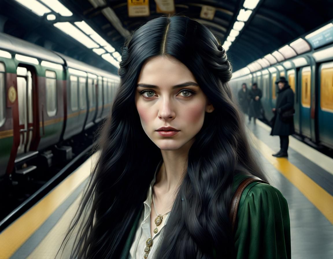 Eva Green Portrait in Subway, Art Nouveau Style