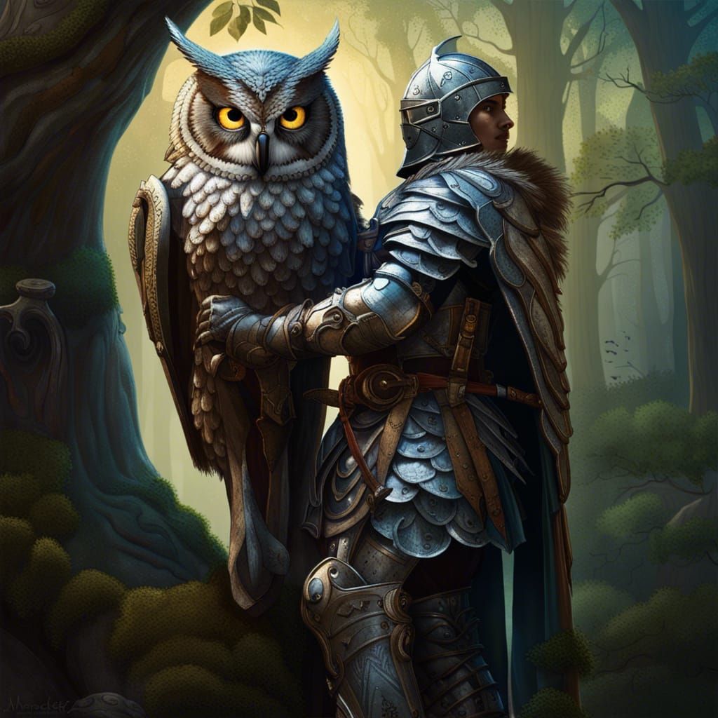 Moonlit Knight with Owl in Mystical Forest
