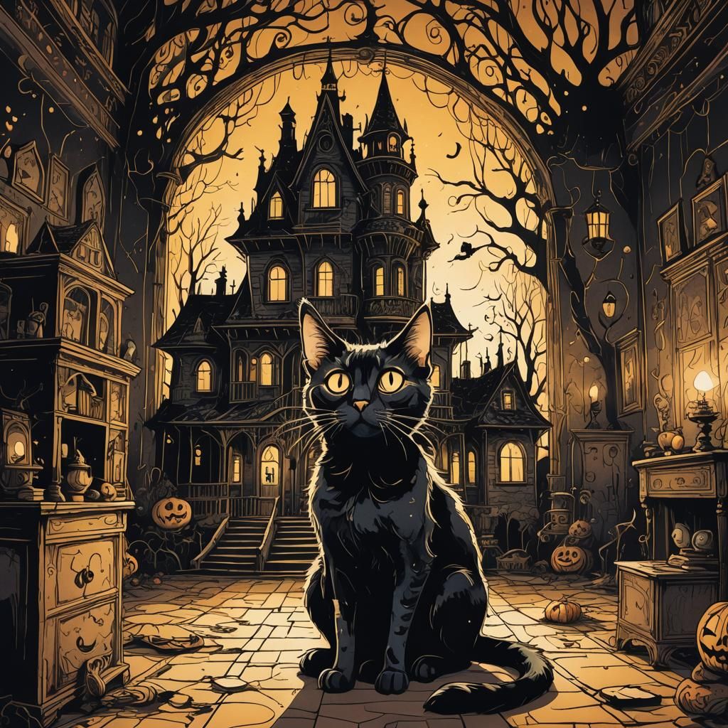 Spooky Mansion Cat: A Tim Burton-esque Ink Illustration