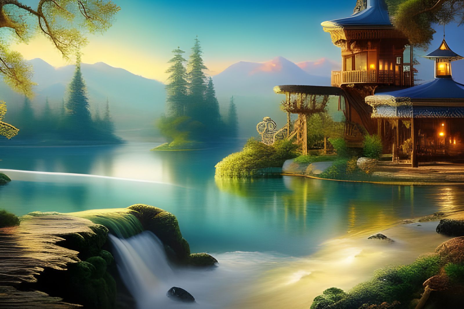 Beautiful fantastical intricate treehouse with crystal water slide on beautiful lake - 3075