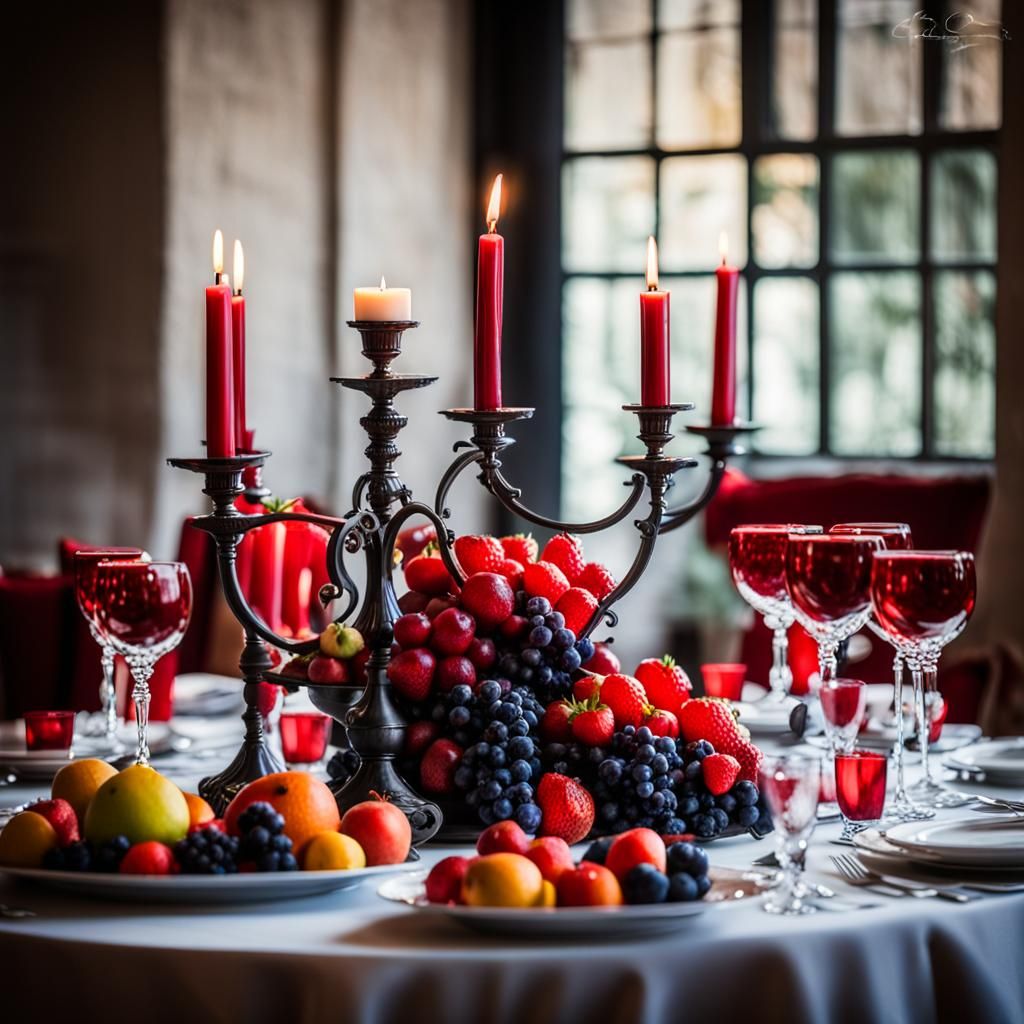 Banquet Table with Red Cloth and Candelabras