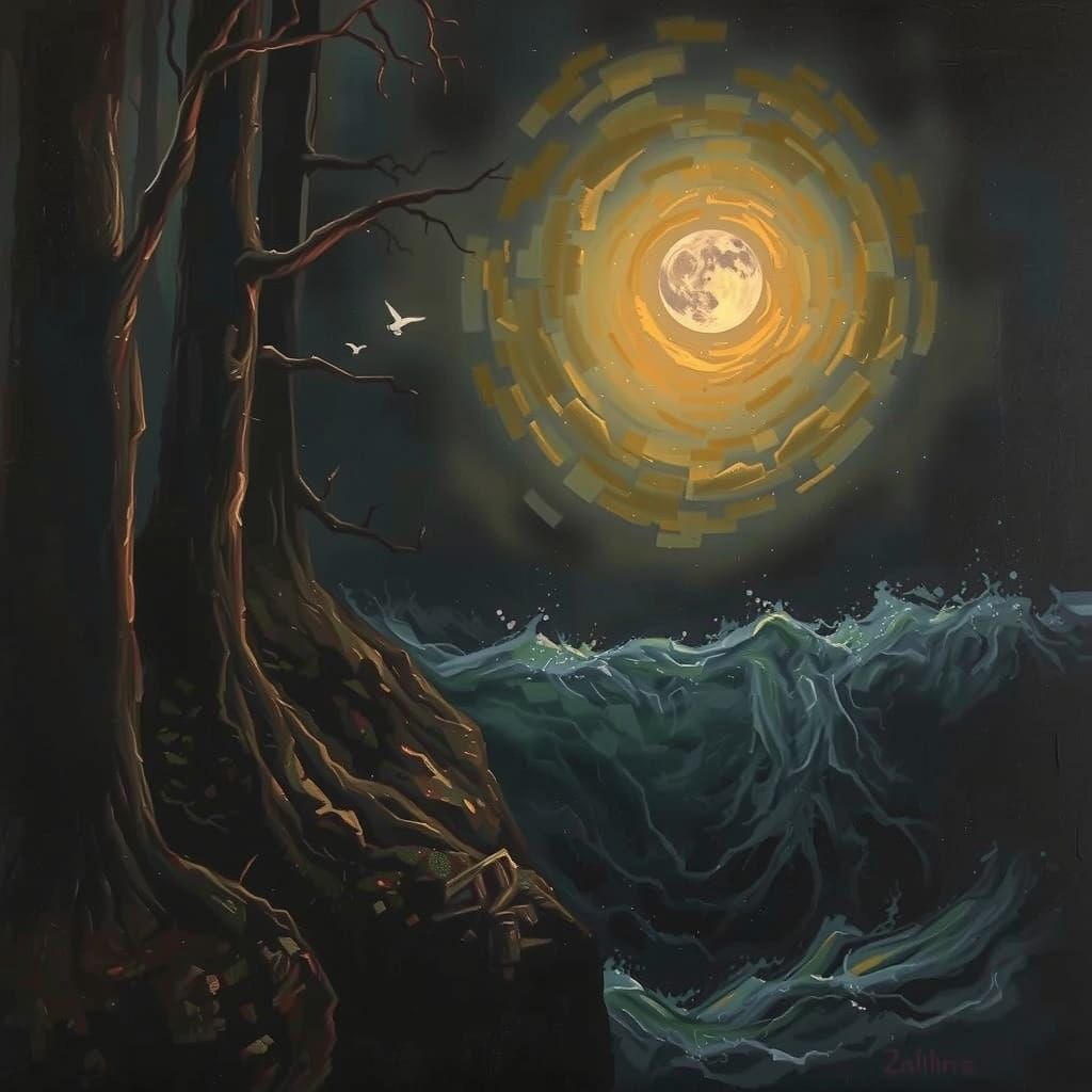 Mysterious Forest Meets the Dark Abyss in an Oil Painting