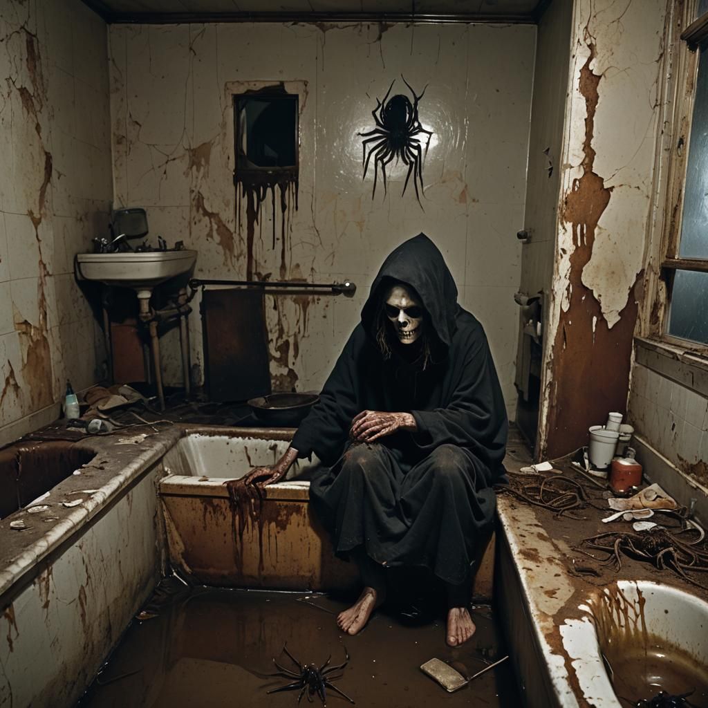 Gritty Film Still: Hooded Figure in Decayed Bathroom