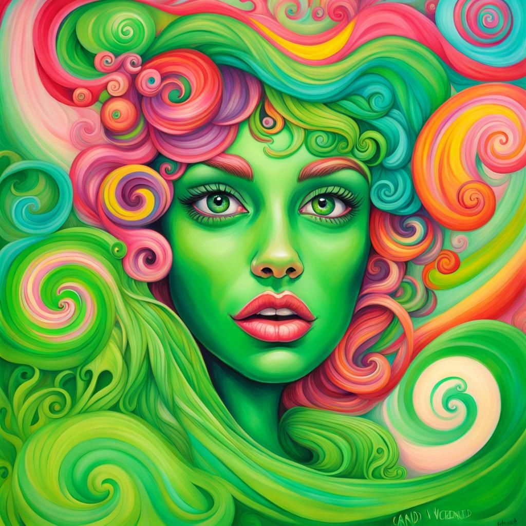 Vibrant Green Character in Candyland Gouache