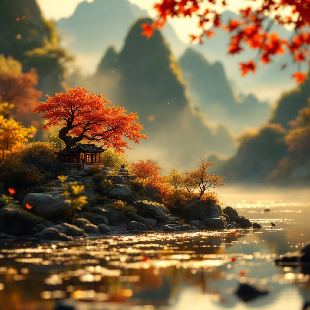 Miniature Guilin Mountains Shrine in Golden Autumn Light
