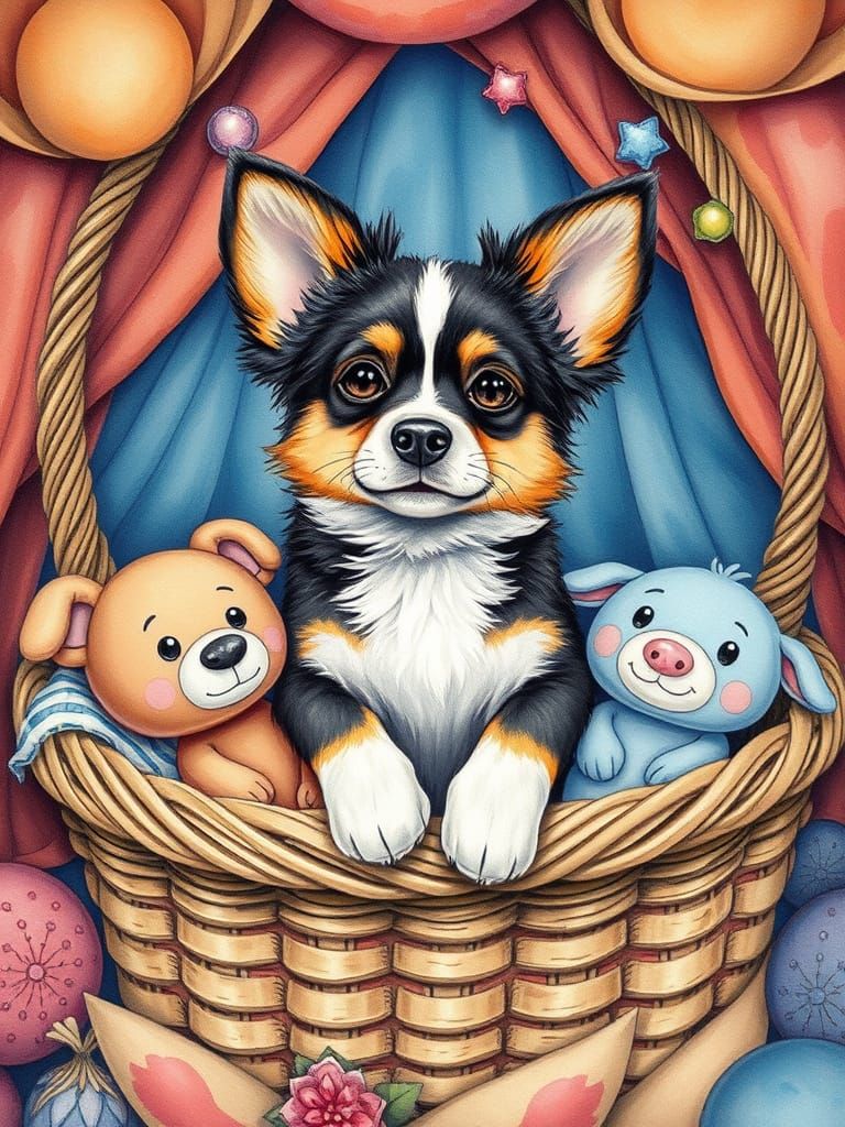 Tricolored Dog in Basket with Toys, Watercolor and Ink Style