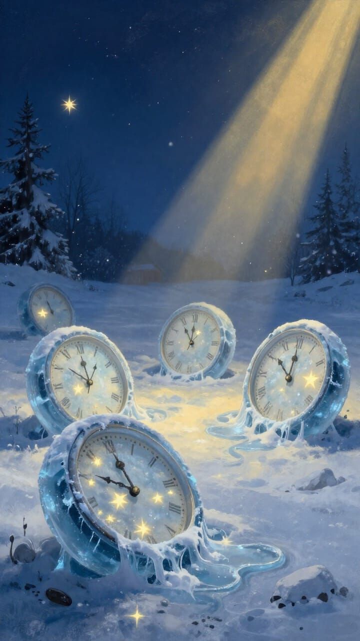 Melting Ice Clocks With Star Faces in Frozen Dreamscape