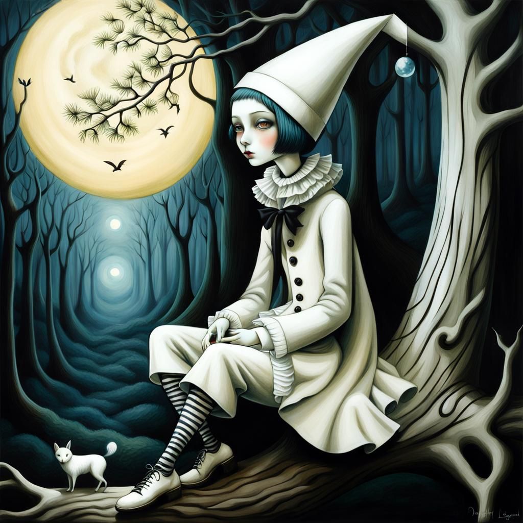 Pierrot on a Branch in Magical Moonlight