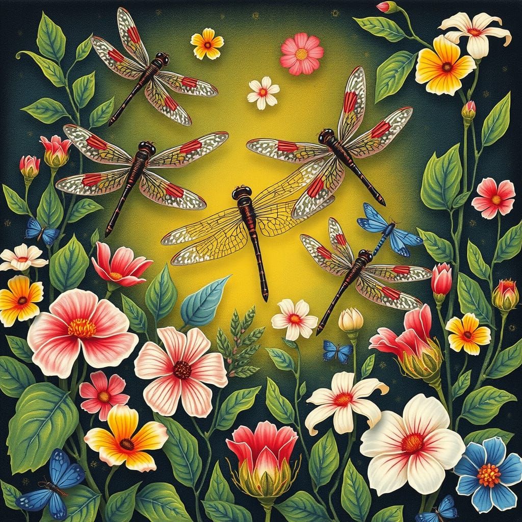 Whimsical Dragonflies in a Vibrant Floral Wonderland