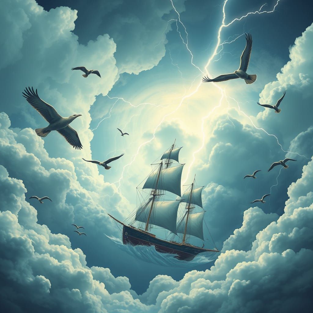 Ship Sails Sky on Thunderclouds with Lightning
