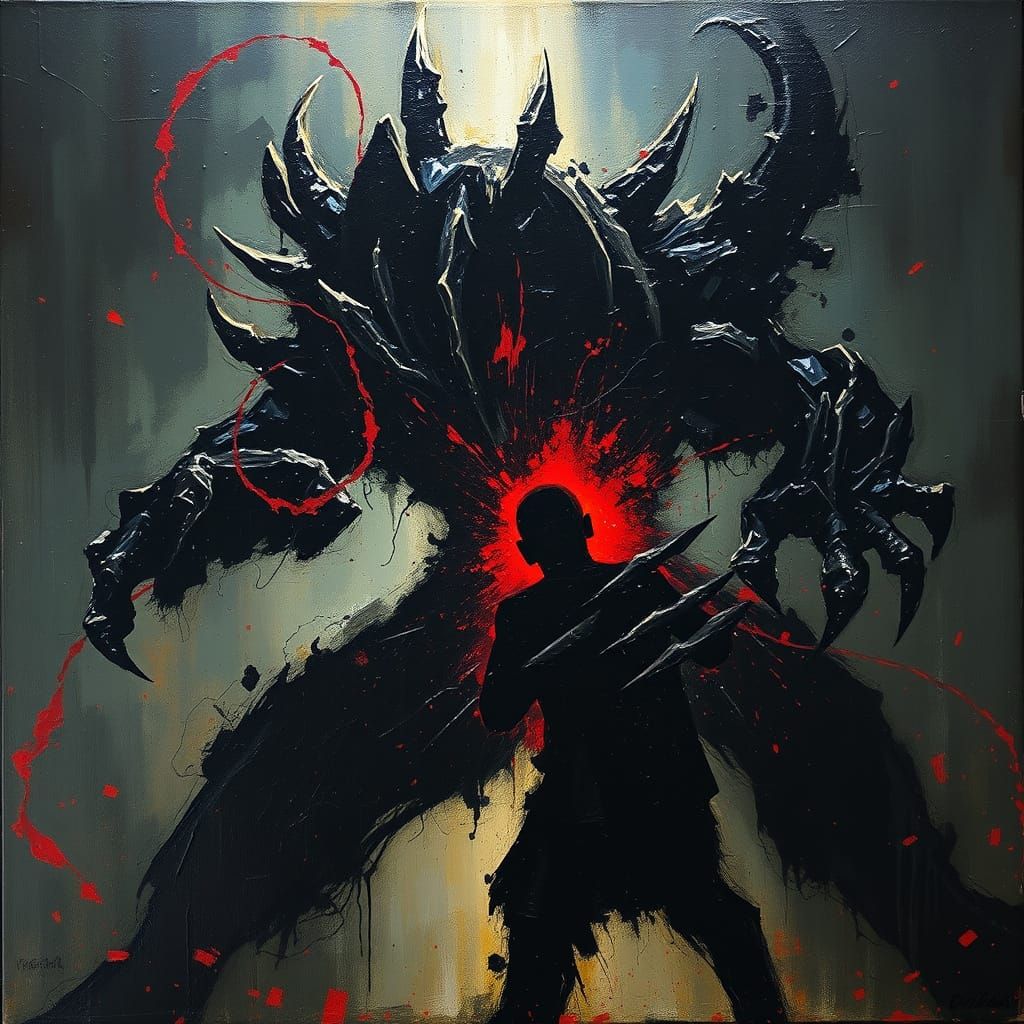 Abstract Fear Entity Attacking Silhouette in Dark Impasto