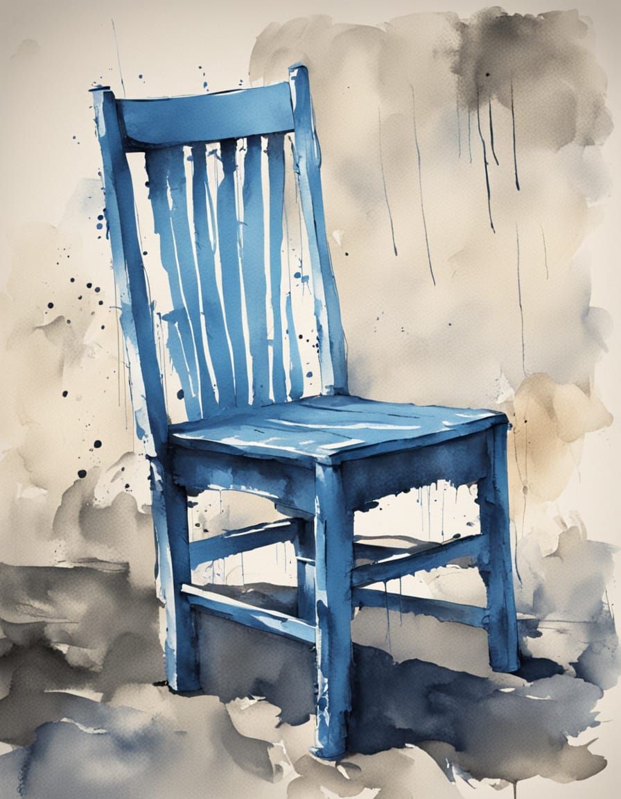 Minimalist Blue Wooden Chair in Ink and Wash Style