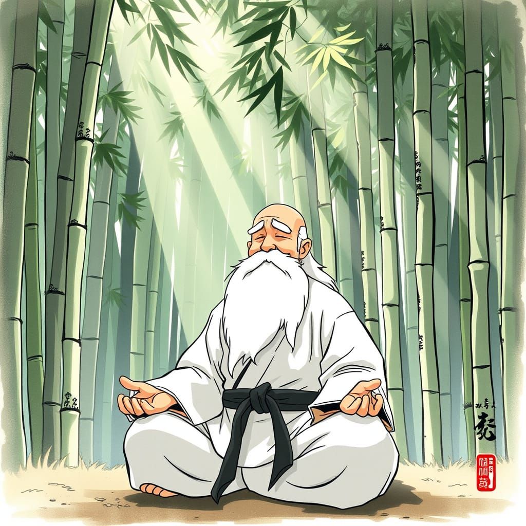 Karate Master Meditating in Bamboo Forest, Ghibli Style