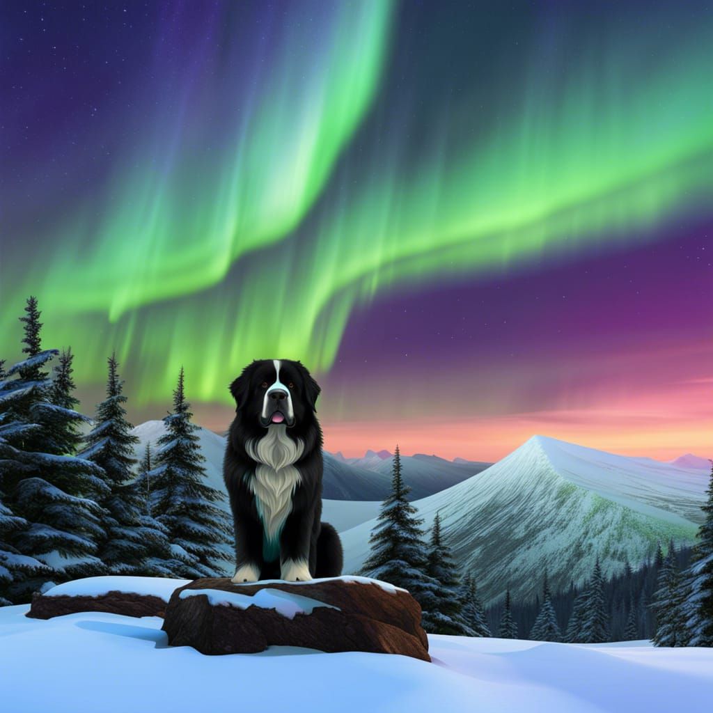 Saint Bernewfie Dog Under Northern Lights