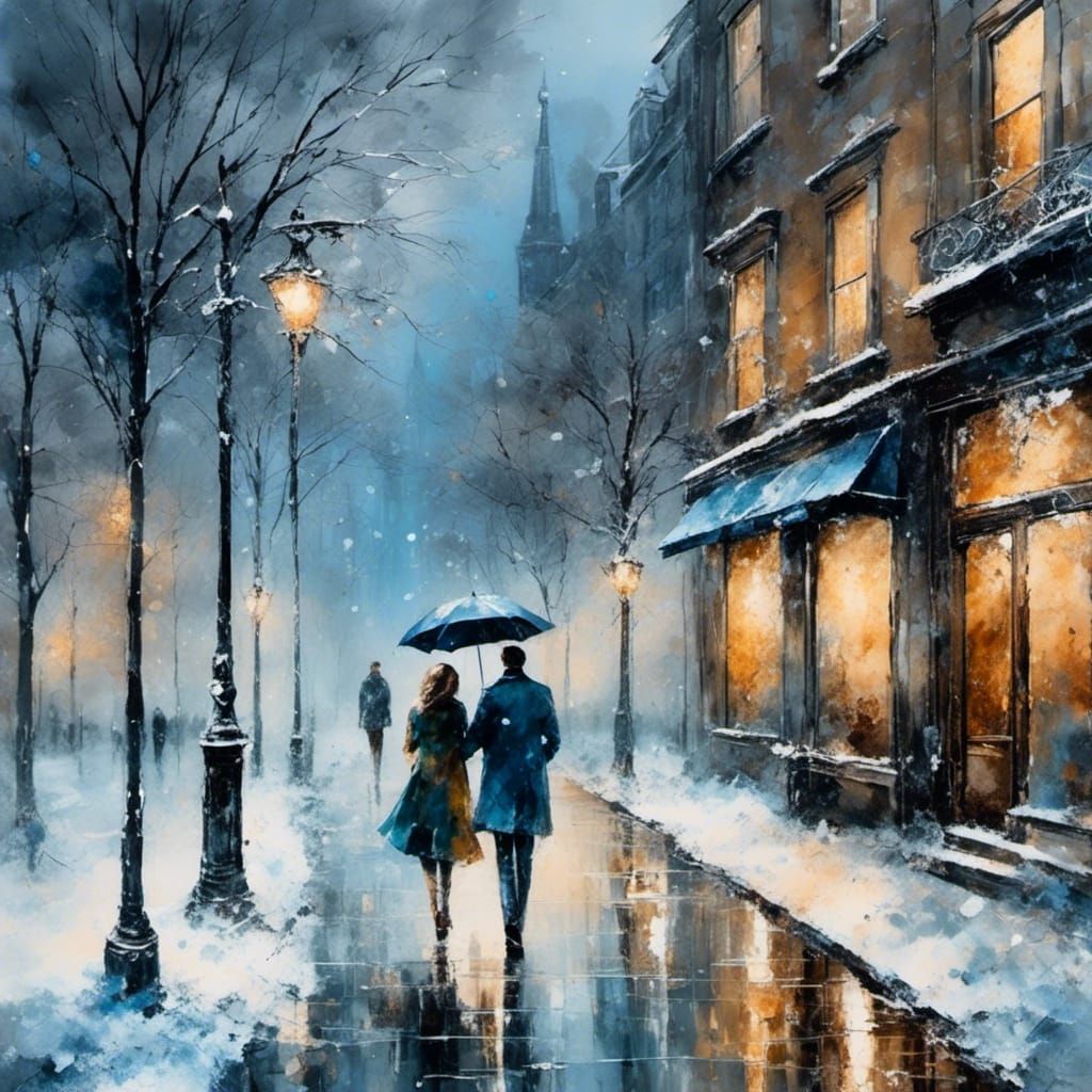 Couple Walking in Snowy City, Watercolor Painting