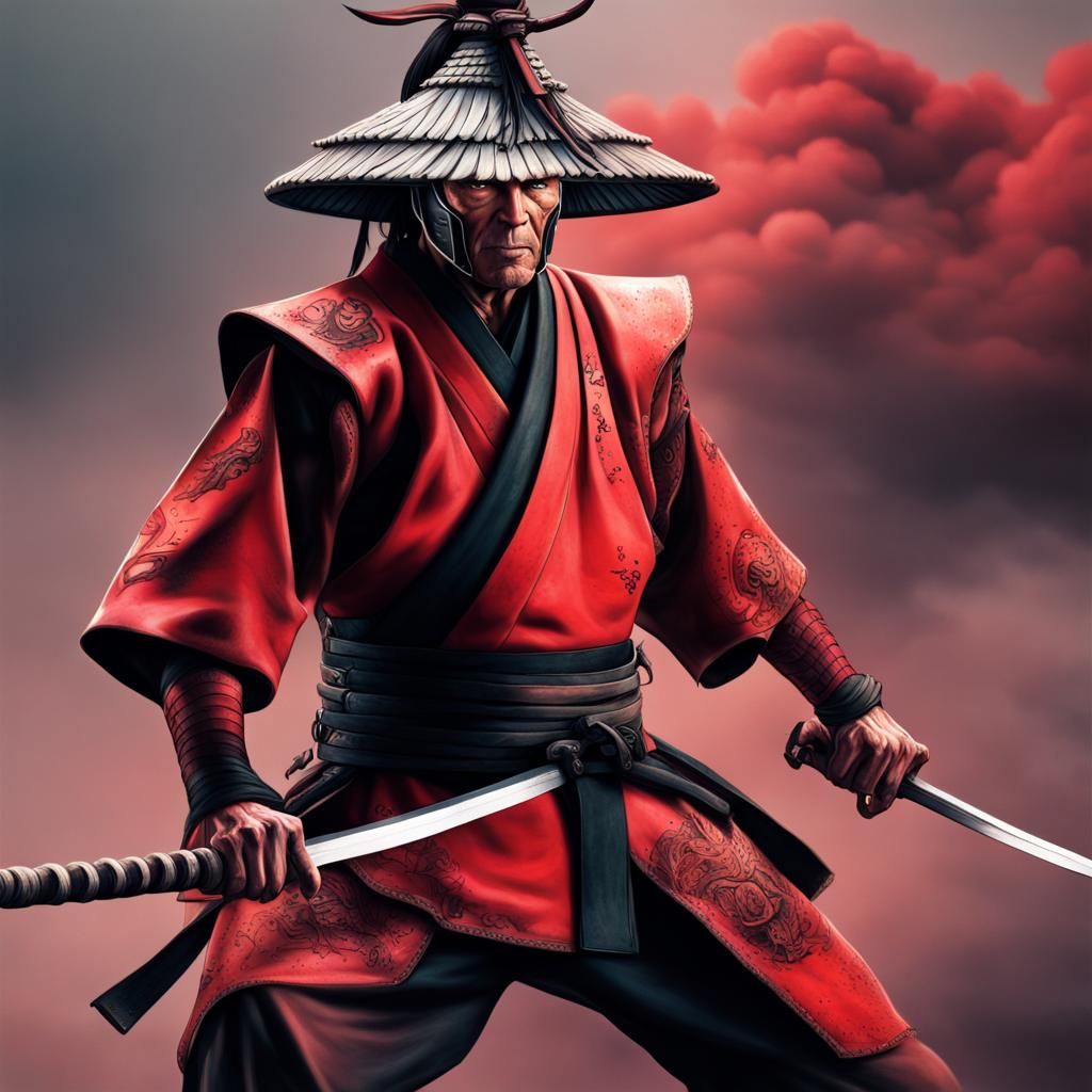 Samurai Warrior in Red Armor with Scorpion Tattoo