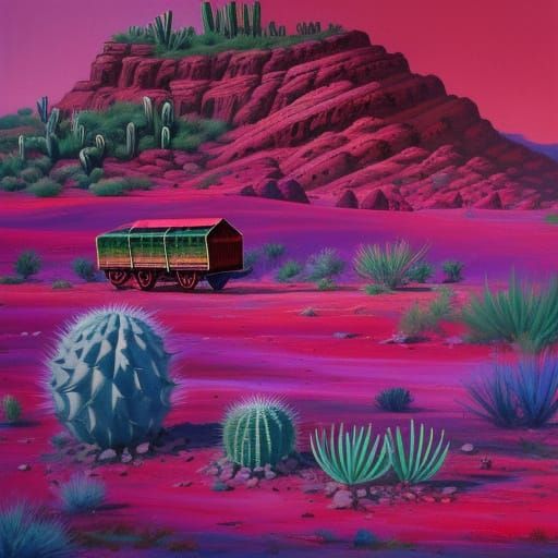 Wild West Oil Painting: Cacti and Wagon