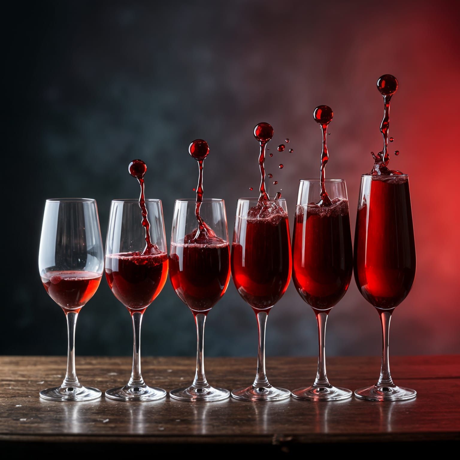 Hyperrealistic Wine Glasses in Increasing Wine Levels, Bokeh...